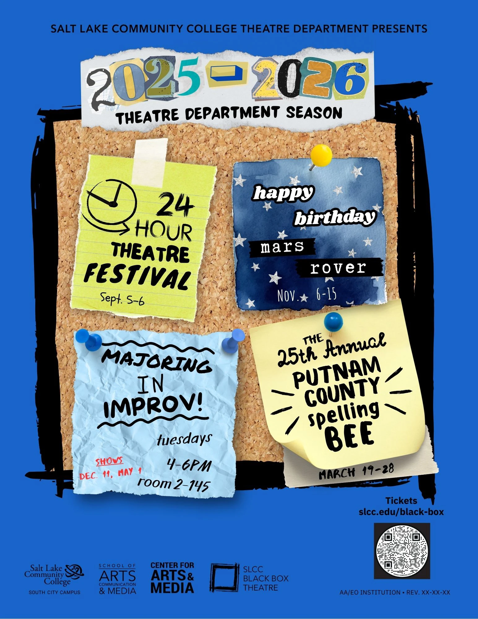 An image showing information for each show in the season as if they were small flyers posted on a corkboard. The show information is repeated below.