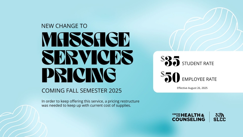 Massage services pricing structure. Coming Fall 2025: $35 Student rate, $50 Employee rate.