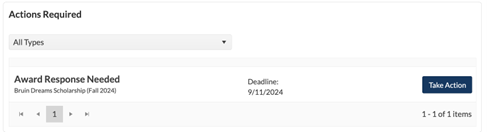A screnshot showing 'Award Response Needed Bruin Dreams Scholarship' with a deadline adn a Take Action button