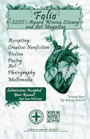 Promotional poster for 'Folio,' SLCC's award-winning literary and art magazine. Includes submission categories: creative nonfiction, fiction, poetry, art, photography, and multimedia. States submissions are accepted year-round, with the next issue in Fall 2023. Features an illustration titled 'Growing Heart' by Aubrey Nadalini, showing a heart with plants growing from it. Includes a QR code and the website www.slcc.edu/folio.