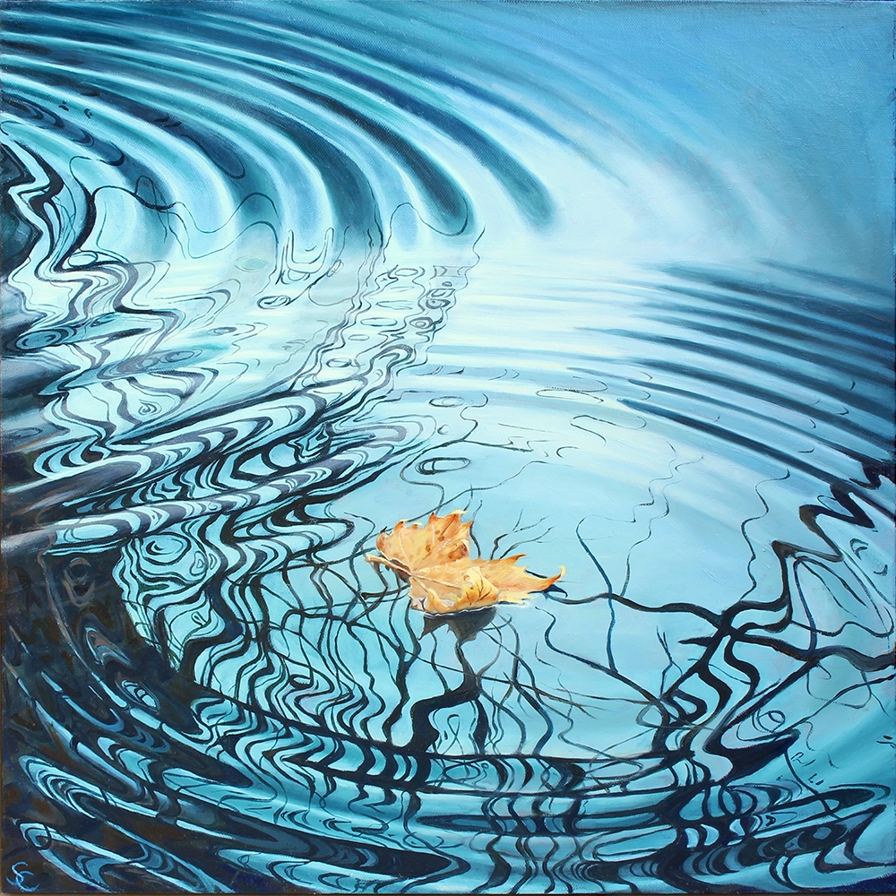 Oil painting. A blue surface of water with a single yellow leaf floating on it. Ripples from the leaf are colliding with another set of ripples from something just out of frame to the left. The black reflections of bare branches are distorted across the ripple's surfaces. The style is realistic.