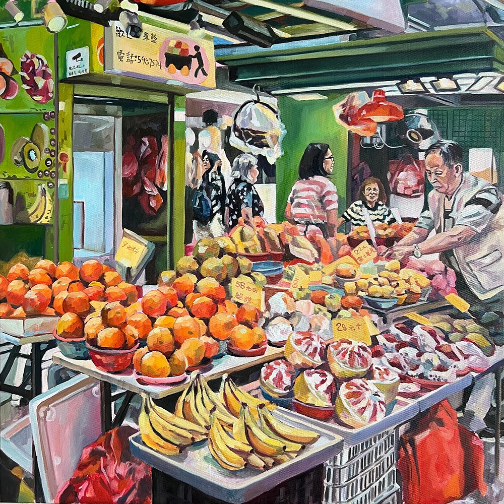 Oil painting. A fruit stall in a bustling public market. Bananas, oranges, lemons, mangos, and other fruit are piled on a table, anchoring the center bottom of the canvas. The upper canvas is a background of bright green walls interrupted by insistent signage and people. The brush strokes are chunky and suggestive, and the colors are vibrant with lots of high contrast.