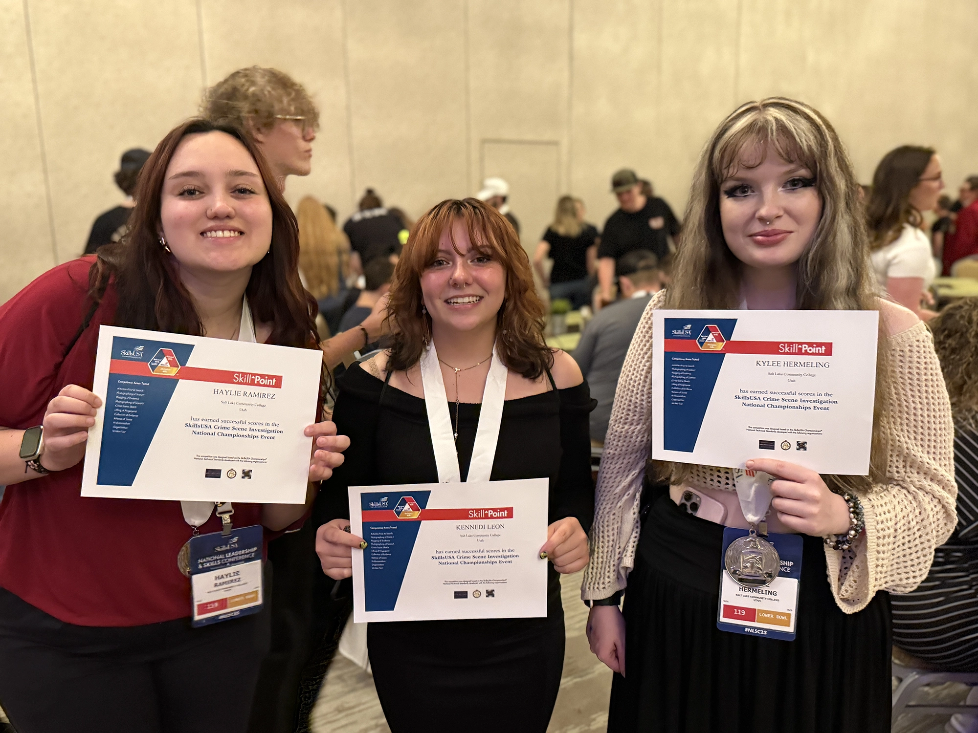 SLCC Forensic Science Students, left to right, Haylee Ramirez, Kennedi Leon, and Kylee Hermeling show off their certificates at the National Skills USA competition.