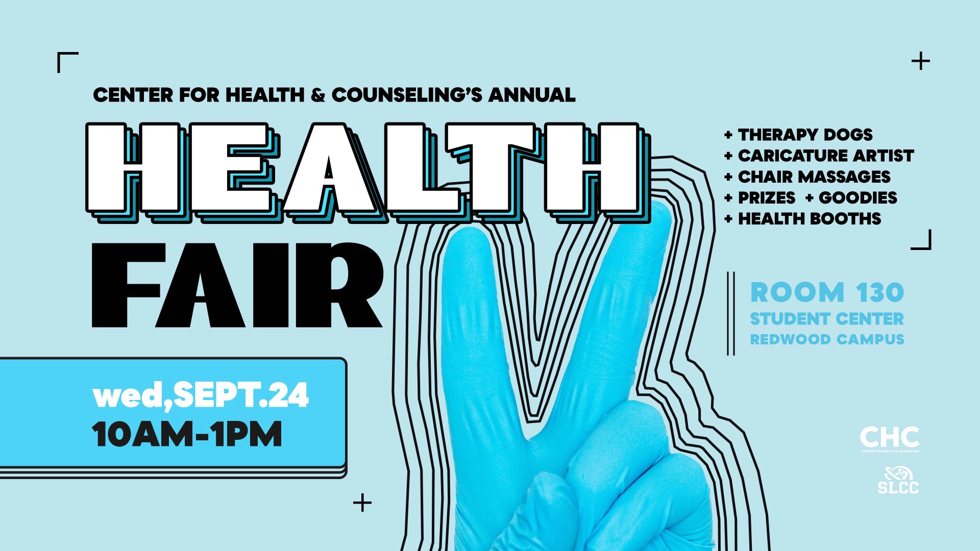 A flyer with details about the upcoming health fair, including charity dogs, caricature artist, chair massages, prizes and goodies, and health booths.