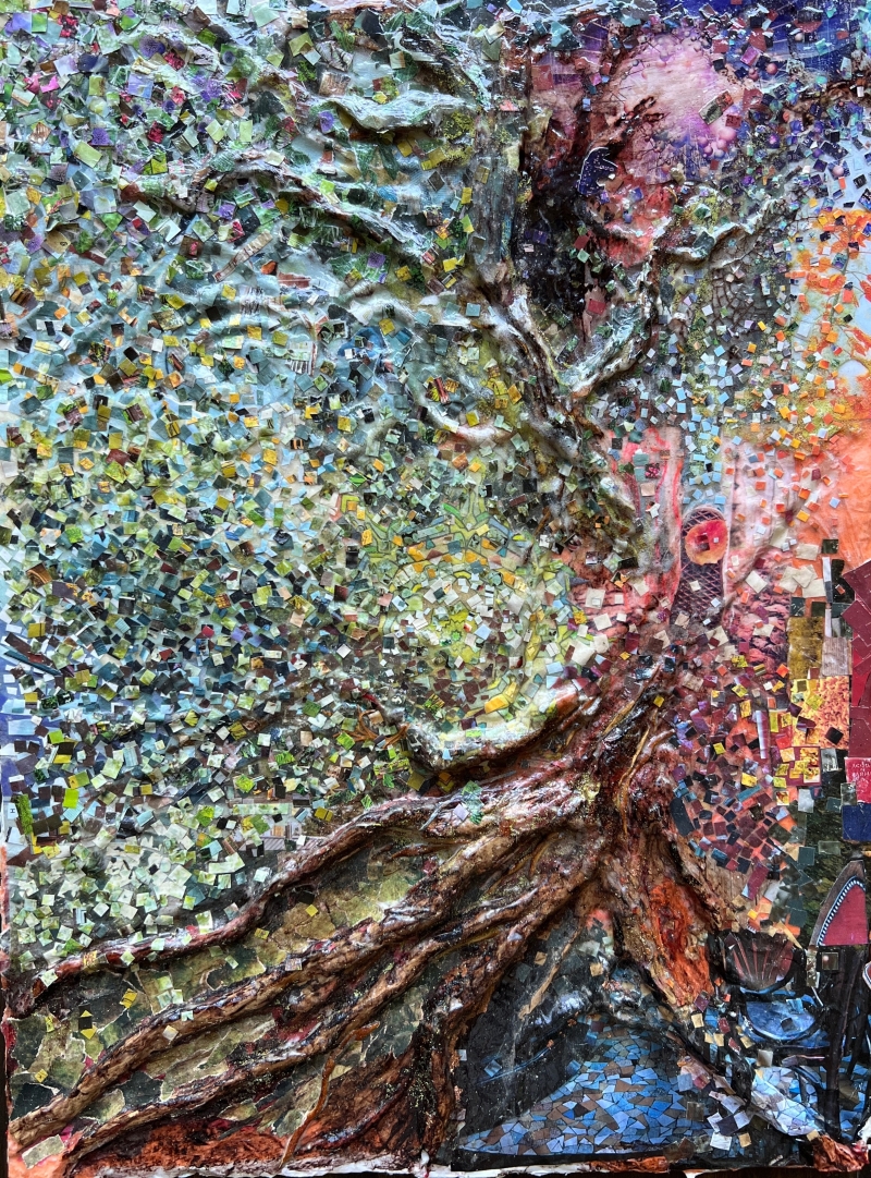 An abstract, heavily textured collage piece with a tree like shape extending roots to the bottom and curling branches at the top. Colors shift from pale green in the upper left to warm oranges and reds on the right. The top-right features a pink and purple radiance and the bottom-right a darker, subterranean blue. Small squares of photographs are evident throughout the piece, but only as a colorful squares that complement the piece's overall color scheme. The original photos are unrecognizable.