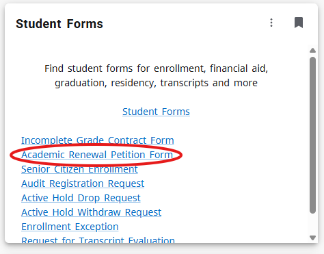 Academic Renewal Petition Form location in MySLCC