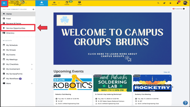 Home page sidebar with Service Opportunities link