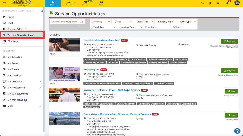 Service Opportunities main page